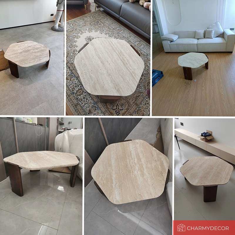 Front view of the Nordic Elegance Marble Coffee Table featuring its unique pebble shape.