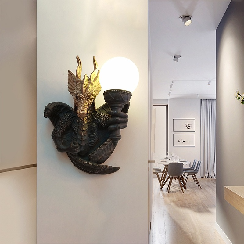 The Retro Dragon Resin Wall Lamp in a cozy living room setting, providing warm LED lighting.