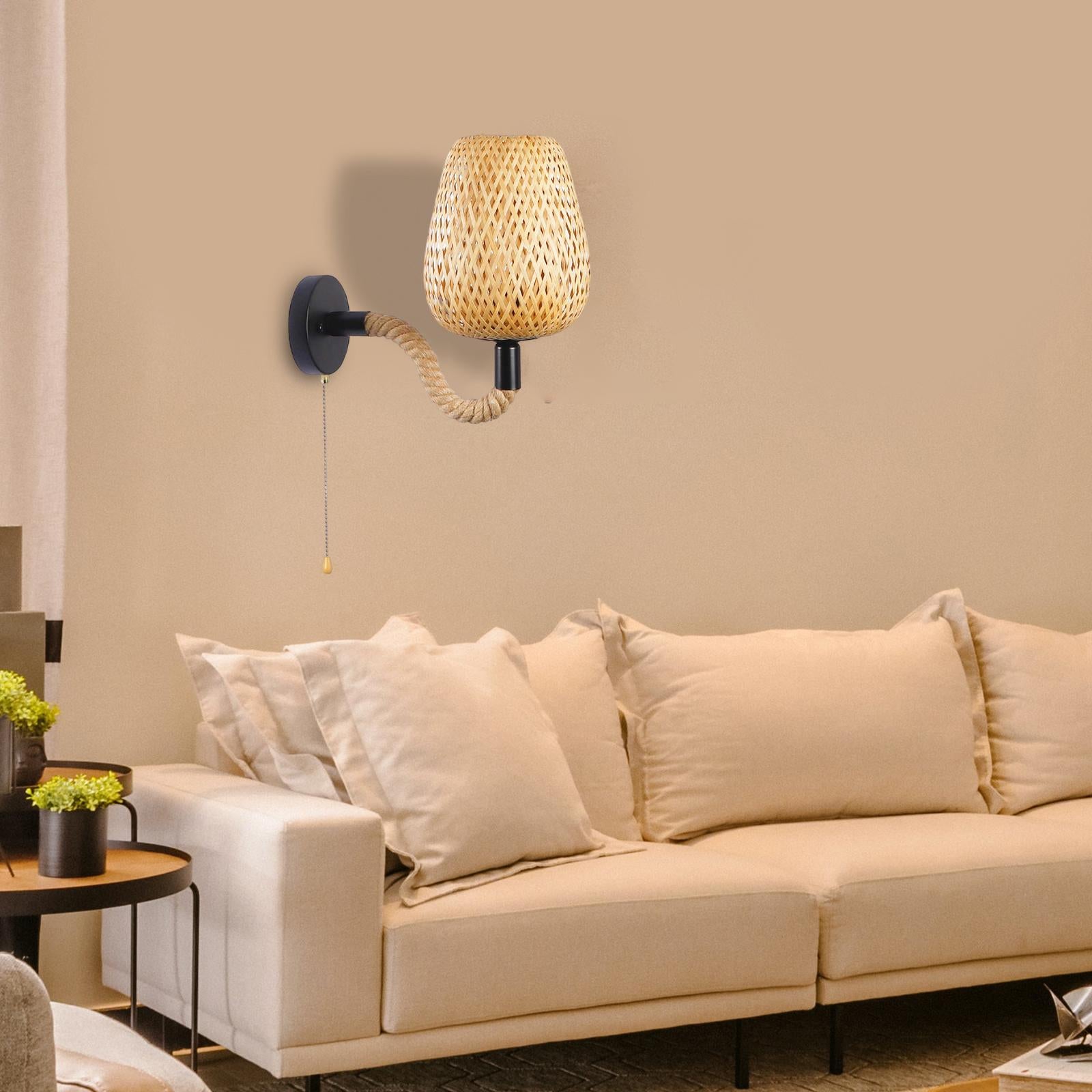 Cozy living space featuring the bamboo light against a stone-textured wall