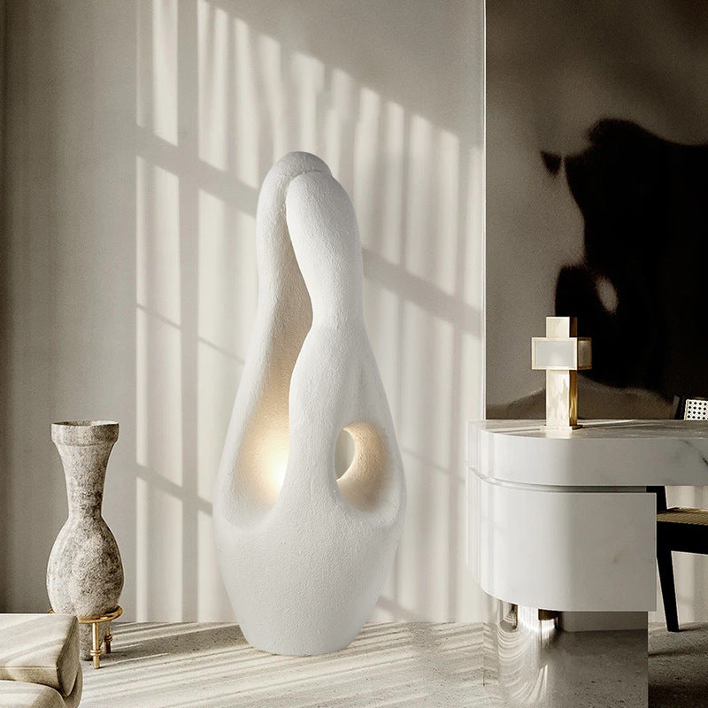 Close-up of the Japanese style LED floor lamp highlighting its artistic polystyrene base.