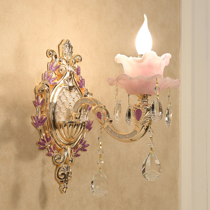 Close-up view of a modern LED wall light highlighting its intricate crystal lampshade.
