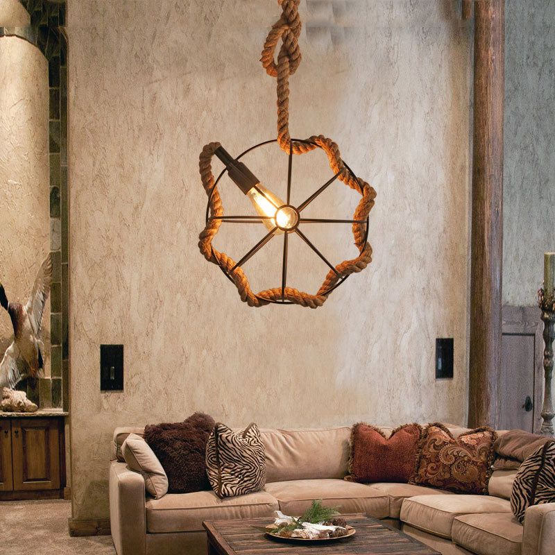 Close-up of the eco-friendly hemp rope industrial pendant light showcasing its unique design.