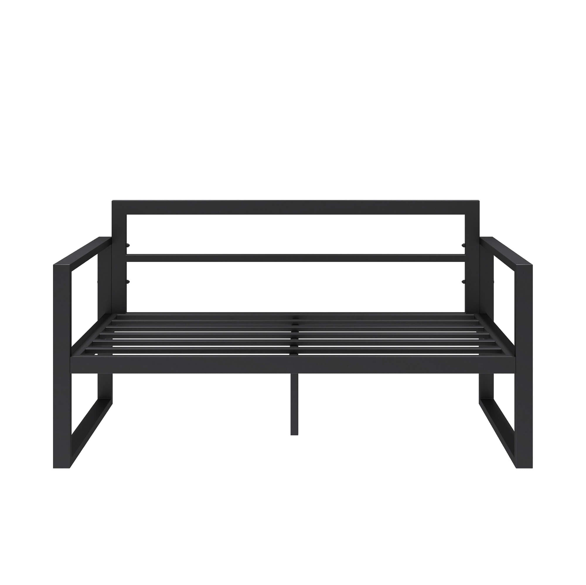 Stylish grey loveseat with cushions arranged for an outdoor gathering