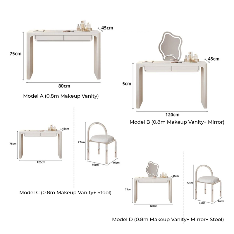 Side angle of the makeup vanity demonstrating its ample storage drawers and chic appearance.