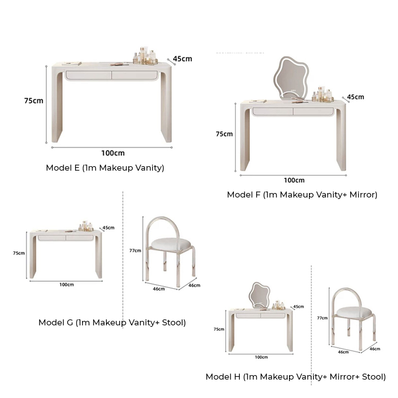 Elegant marble makeup vanity with mirror and stool showcasing spacious design and storage.