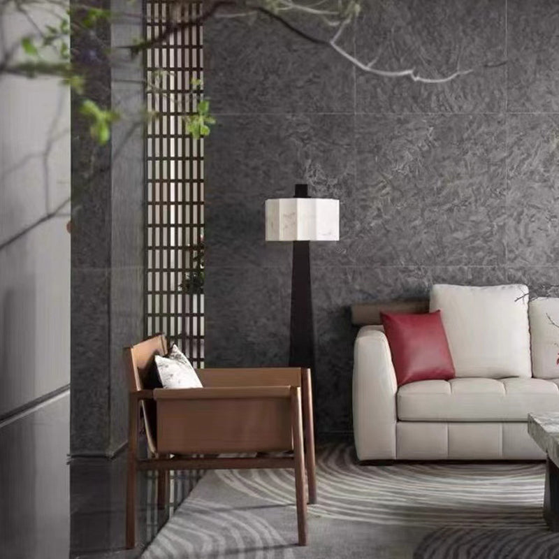 Close-up of the pleated white shade and black base of the Nordic Elegance LED Standing Floor Lamp.