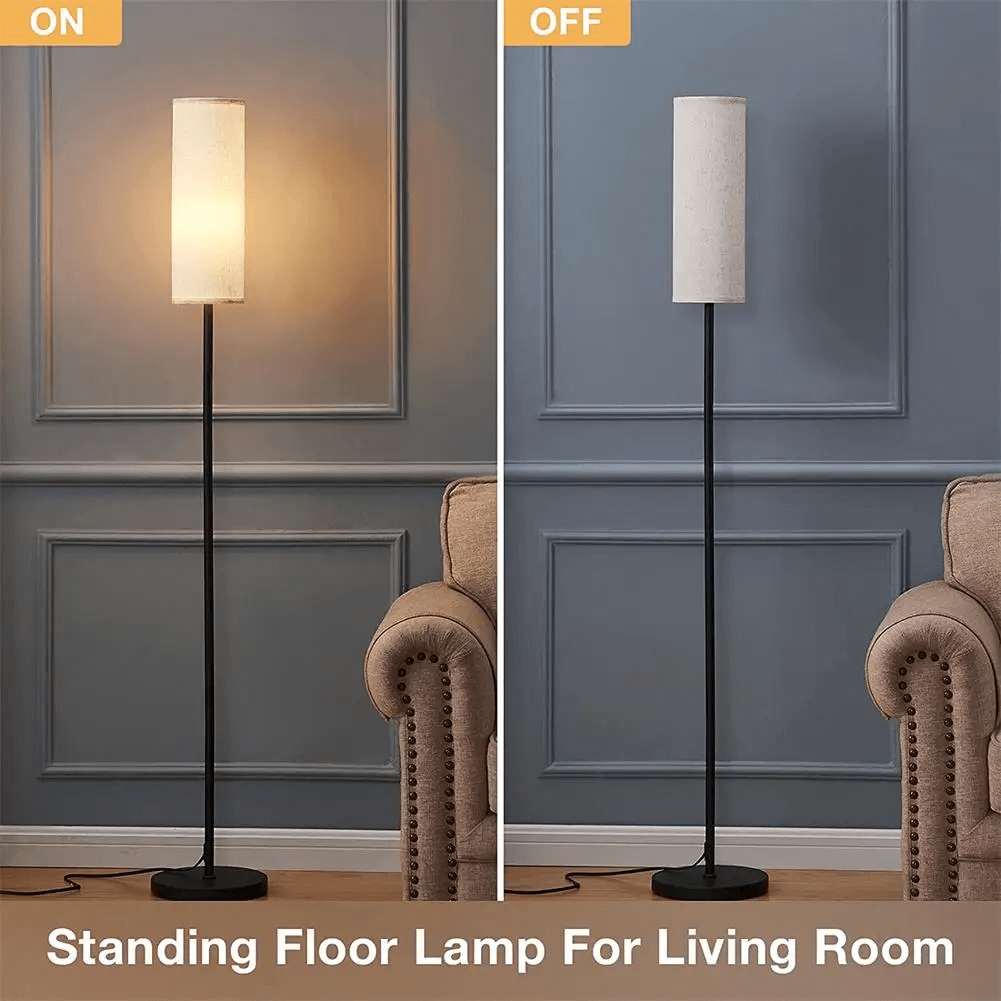Black iron pole of the modern floor lamp paired with an E26 bulb, highlighting design details.