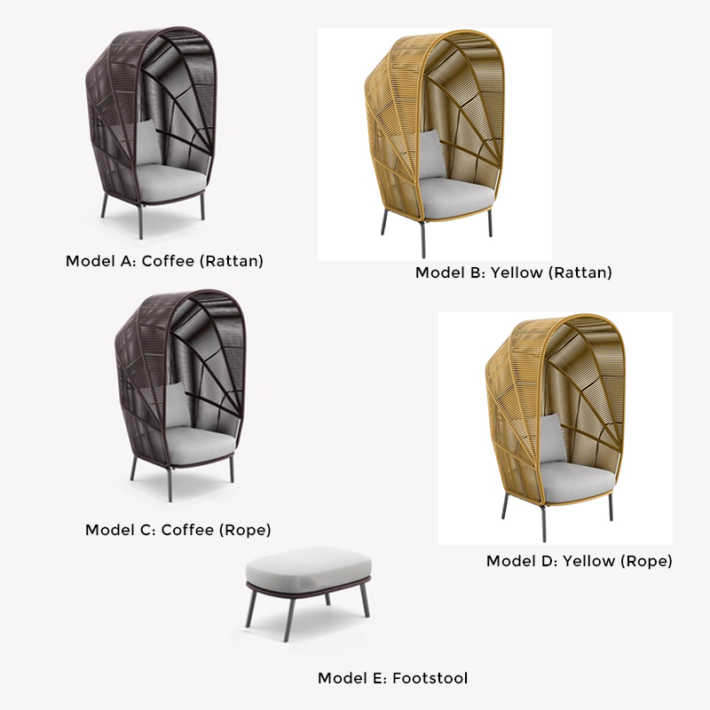 Luxury handwoven cocoon chair with a footstool in a garden setting.