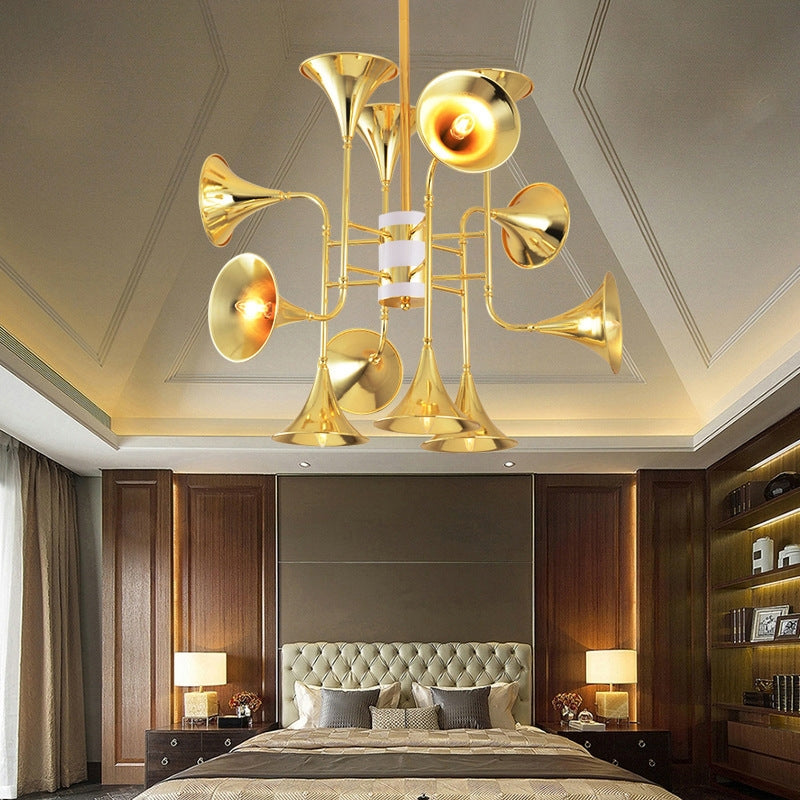 Side view of the Nordic Brass Horn LED Chandelier showcasing its unique horn-inspired design.