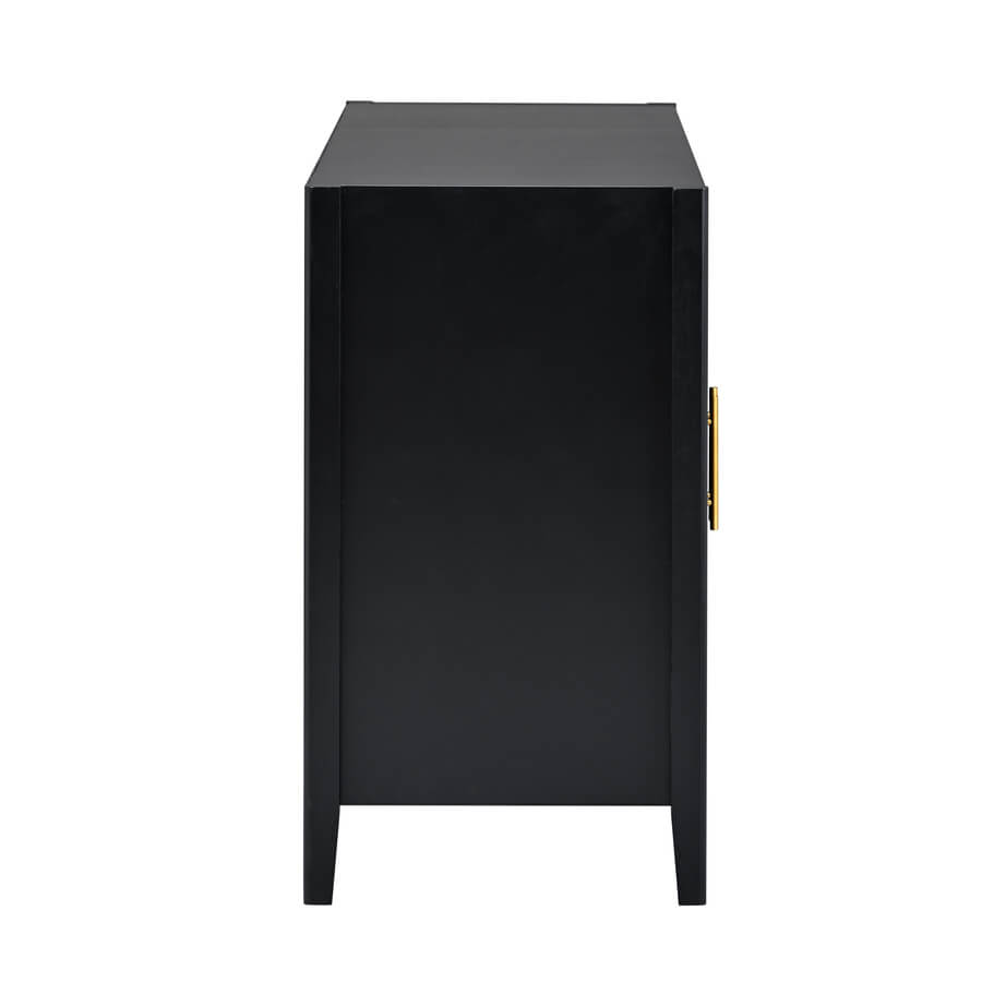 Close-up of the buffet cabinets sleek black finish and sturdy metal accents.