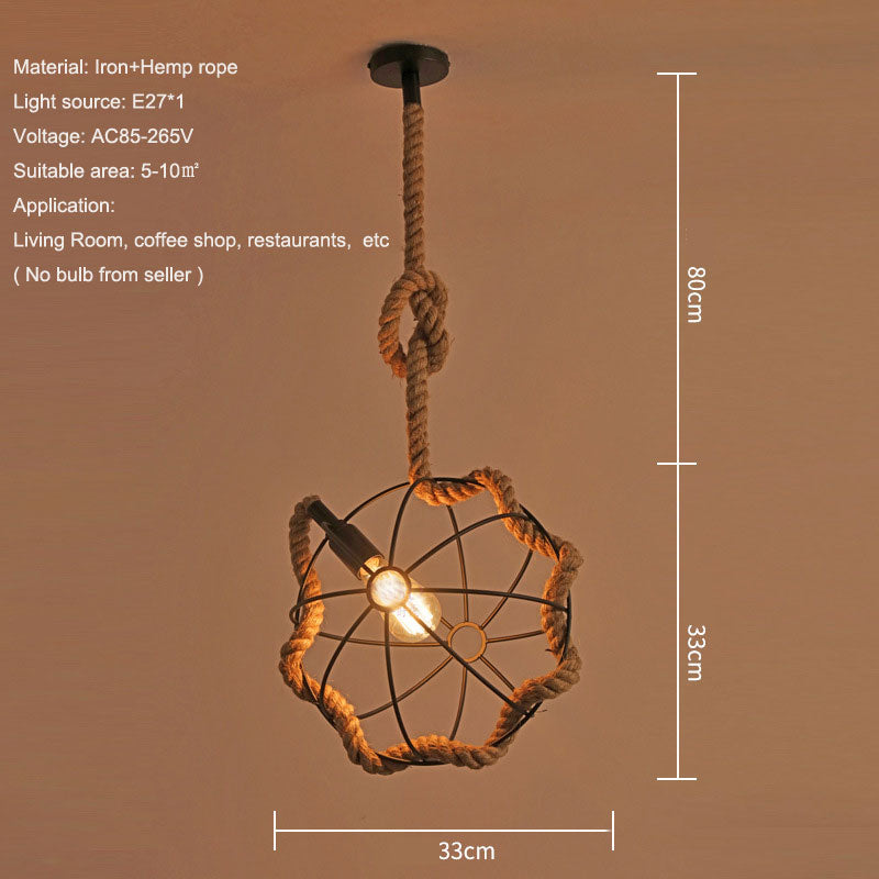 The hemp rope industrial pendant light hanging in a beautifully decorated living room.