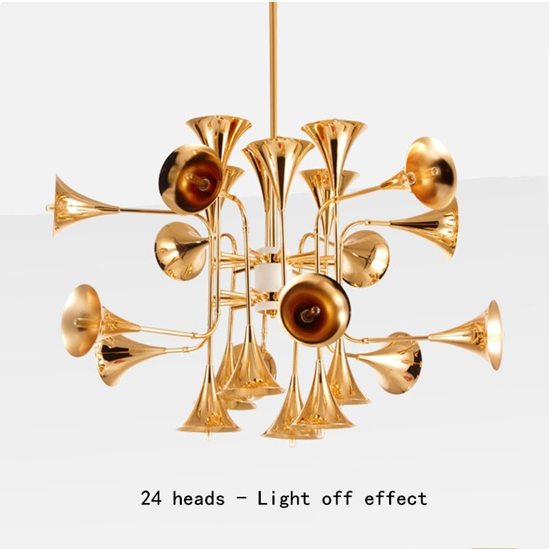 Nordic Brass Horn LED Chandelier installed in a modern living room, enhancing the decor.