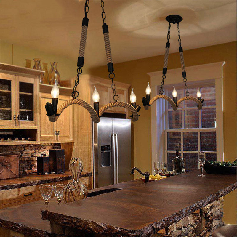 Close-up view of the rustic vintage hemp rope pendant light showcasing its intricate design and adjustable chain.
