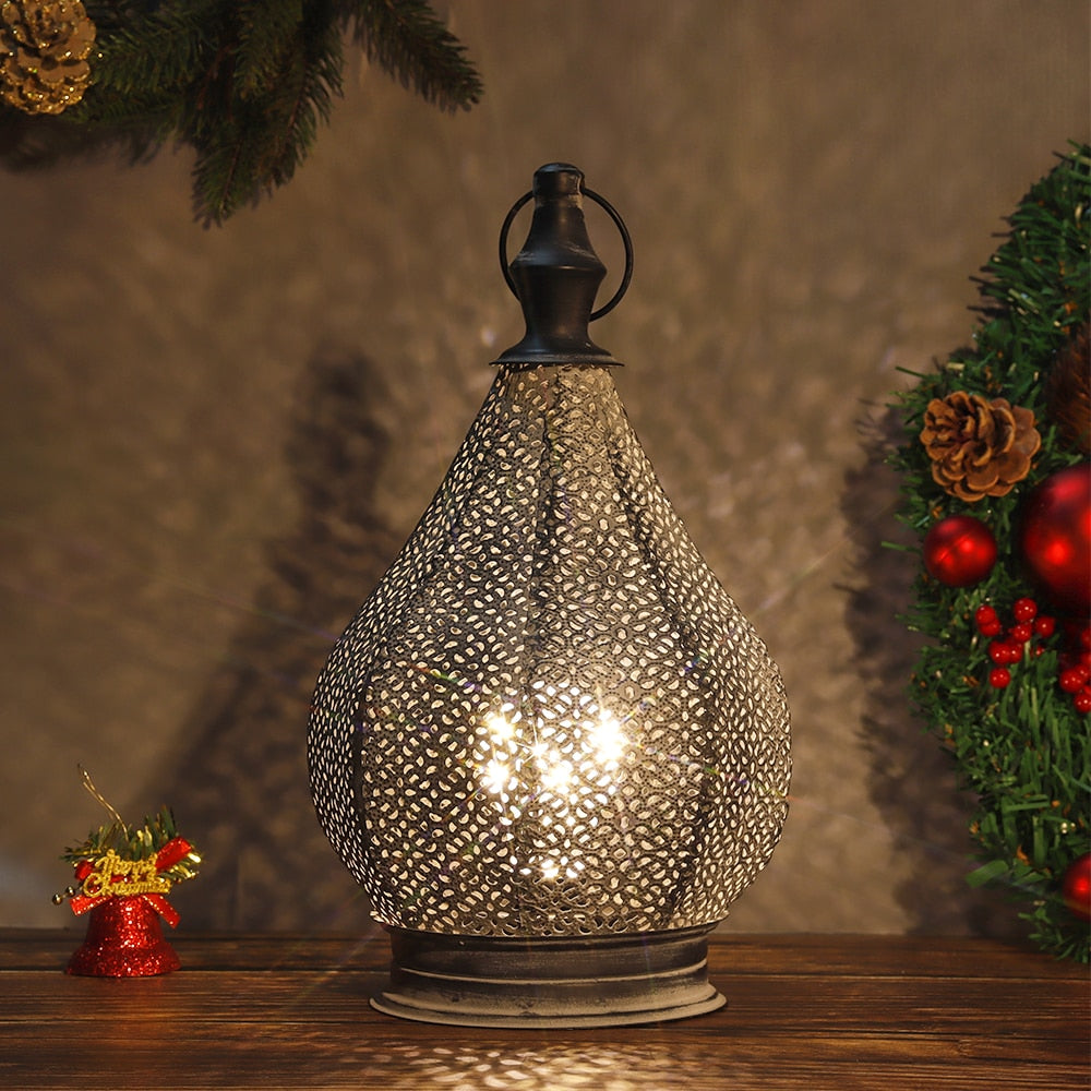 Elegant Moroccan style touch table lamp with fairy lights illuminated in a cozy setting.