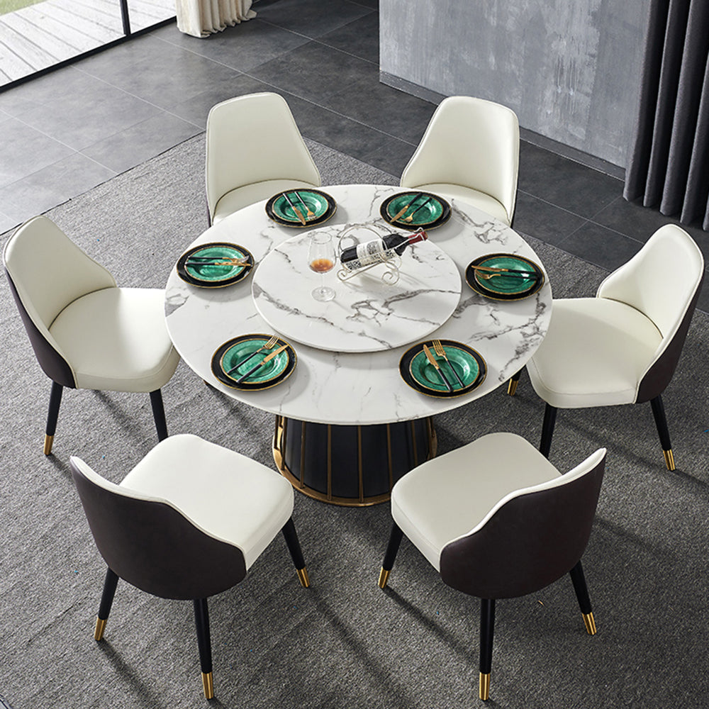 Elegant view of the luxury round marble dining table with rotating top, showcasing its beautiful white marble surface.