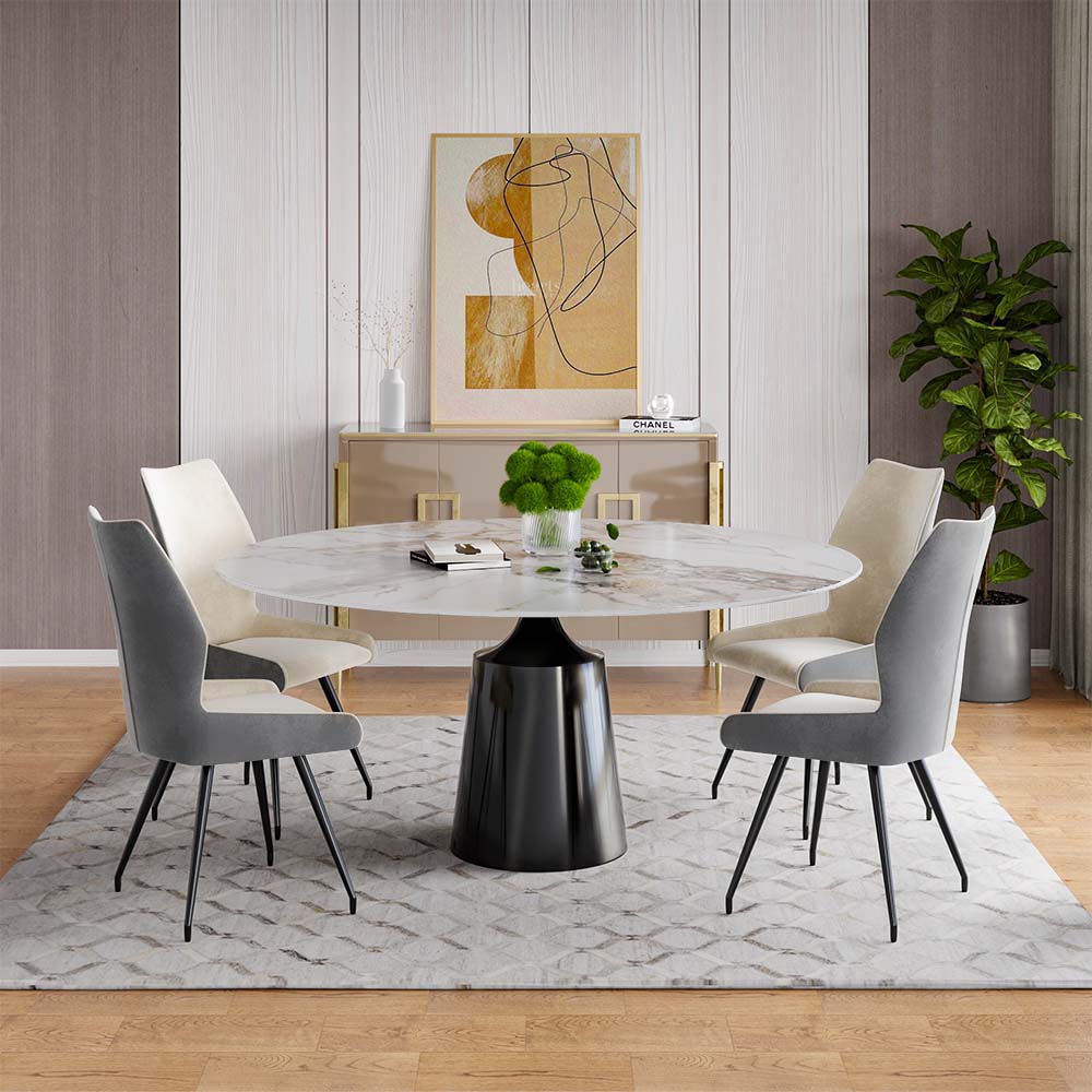 Elegant 53-inch white round dining table showcasing its smooth sintered stone top and black stainless steel base.