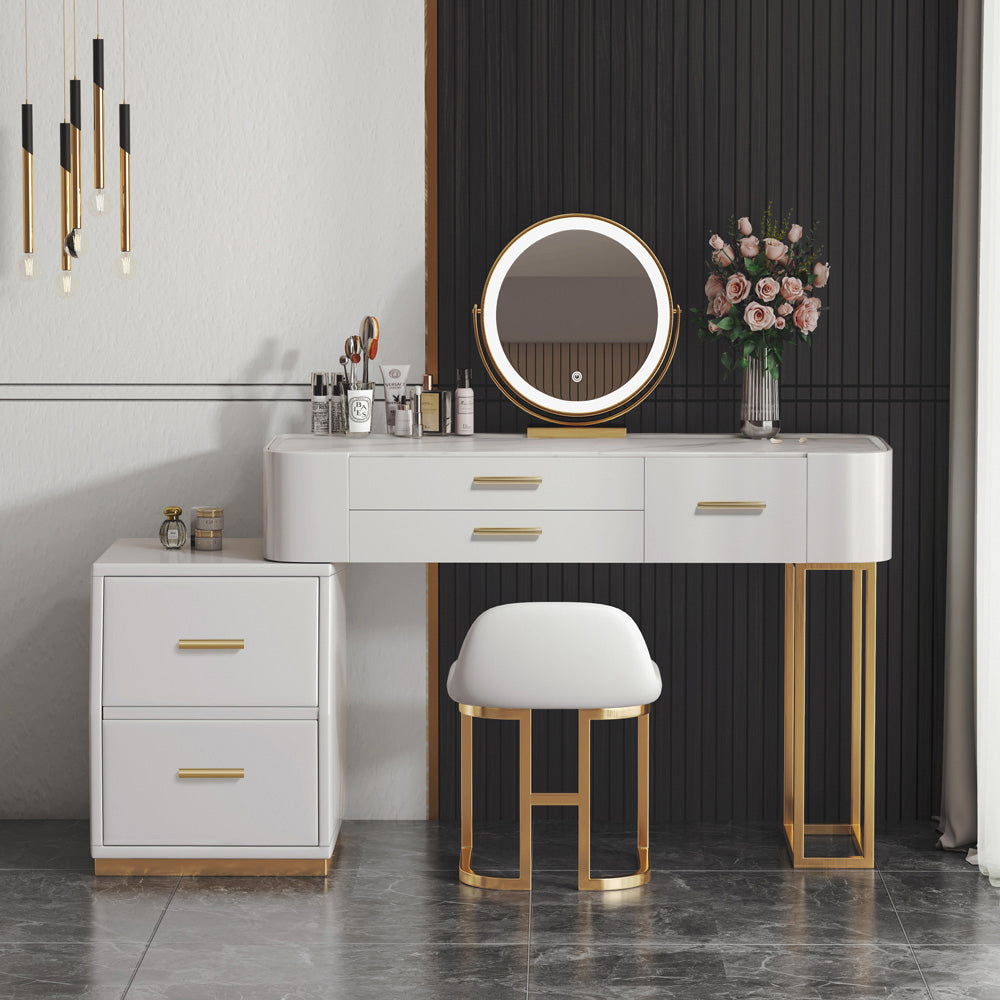 Front view of the dressing table showing LED mirror and sleek gold legs