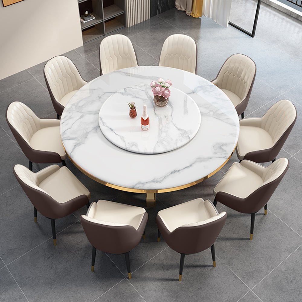 Close-up of the marble surface of the dining table, highlighting the unique textures and patterns that reflect its organic origins.