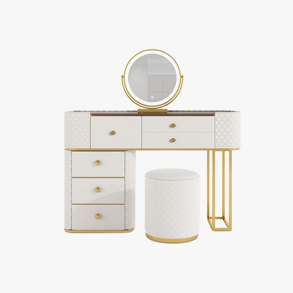 Close-up of the premium sintered stone tabletop and its compartmentalized design.