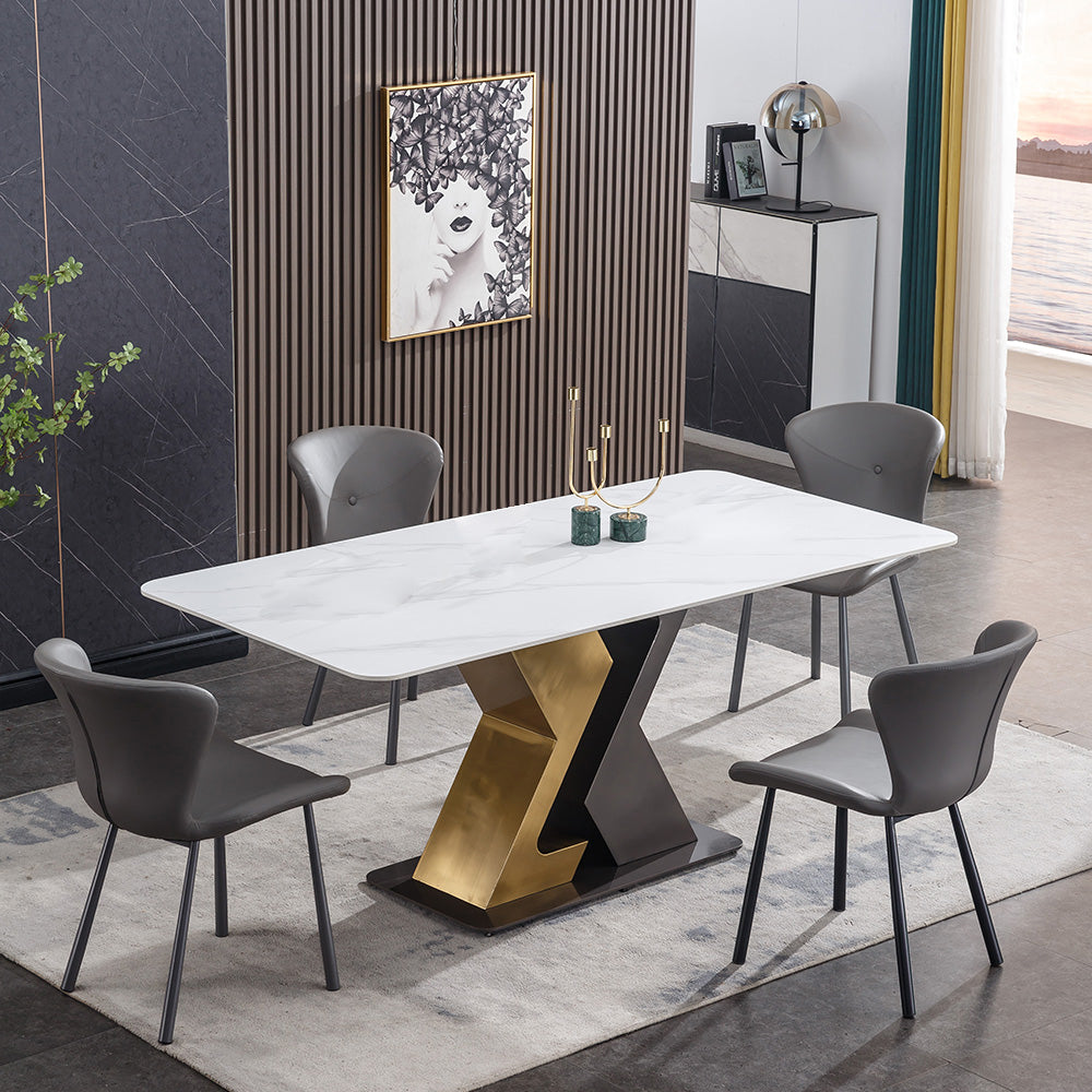 Elegant modern dining table featuring a sintered stone top with black veining and a geometric base, perfect for contemporary dining rooms.