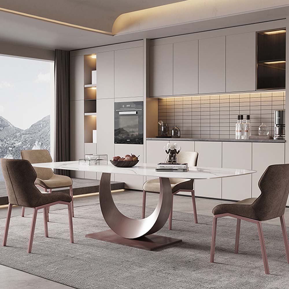 Crescent moon-shaped base of the modern white dining table