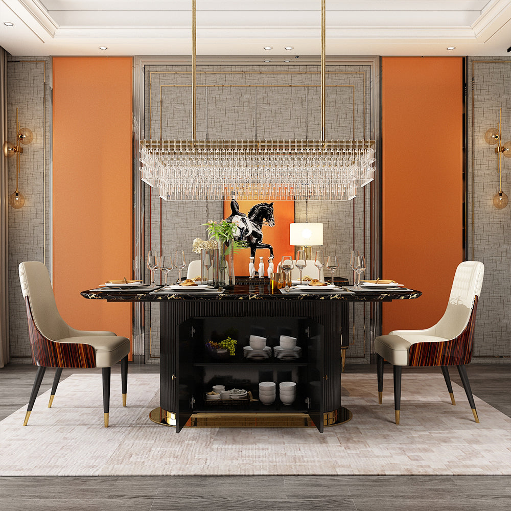 Front view of black marble dining table showing cabinet doors and seating for six
