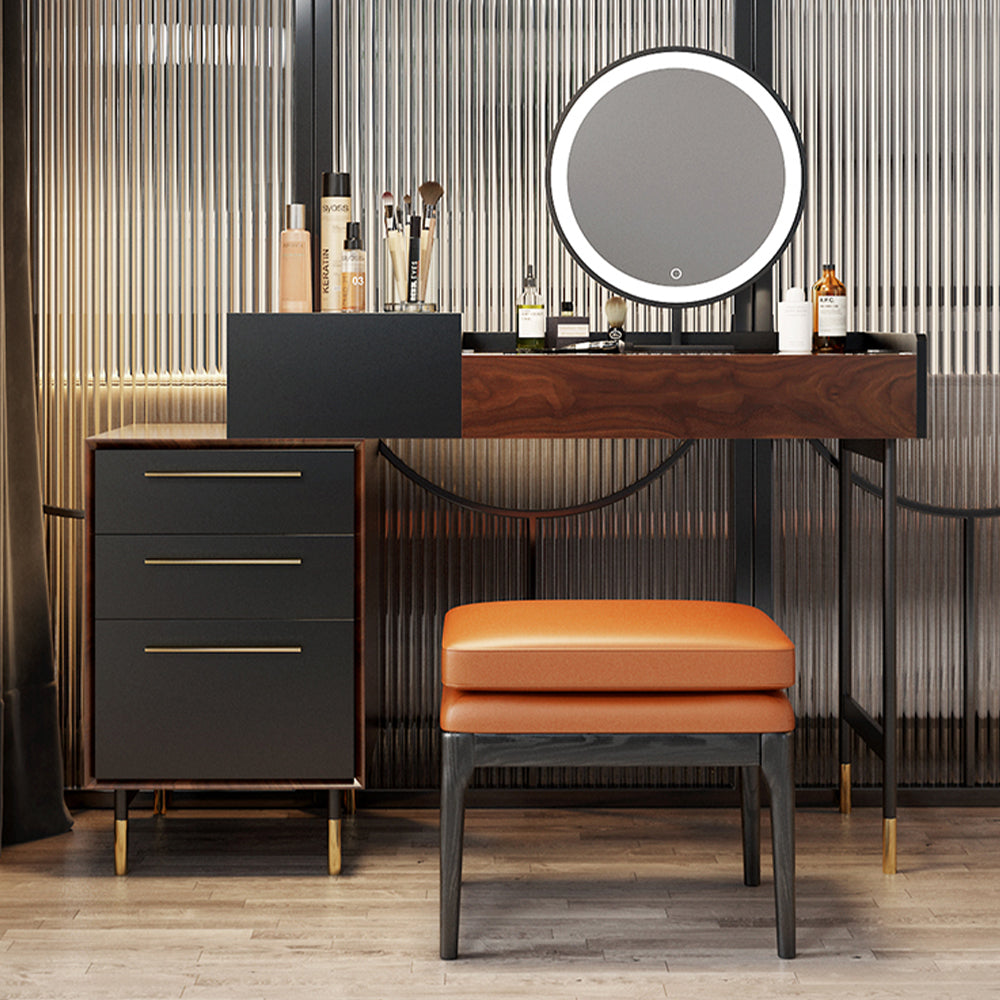 Chic Walnut Veneer Makeup Vanity with storage and mirror from the front angle.