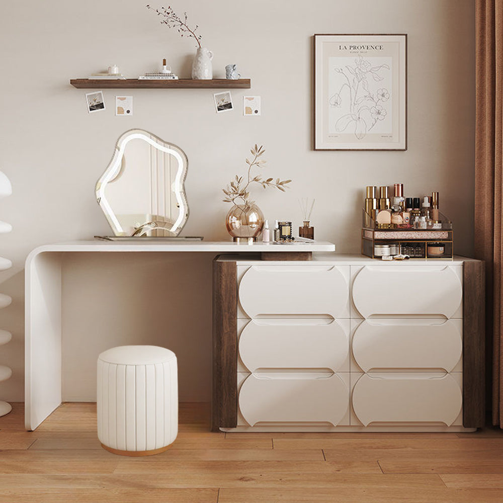 Elegant modern makeup vanity table set showcasing six drawers and a stylish mirror.