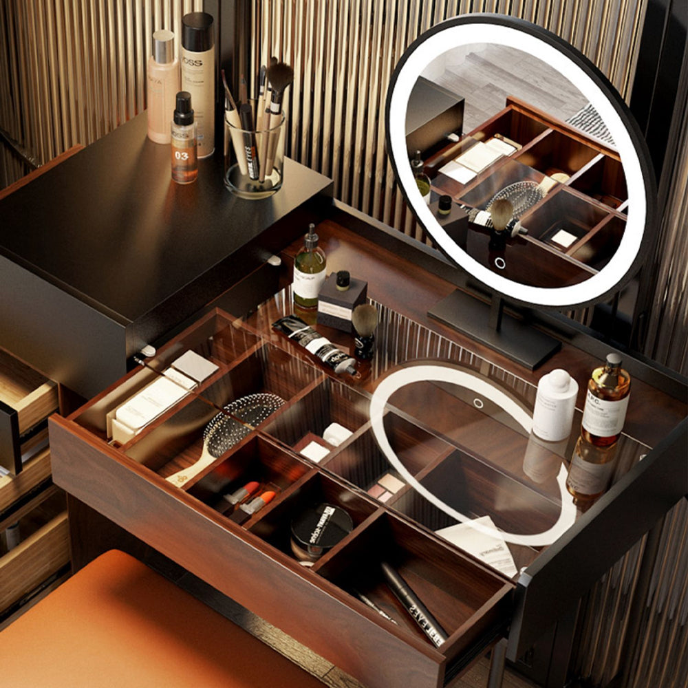 Chic Walnut Veneer Makeup Vanity with Ample Storage - Image 4