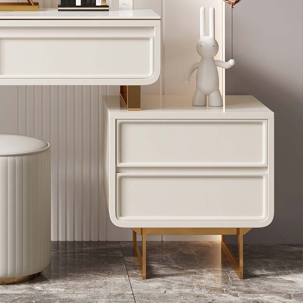 Elegant white makeup vanity set showcasing LED mirror and four drawers.