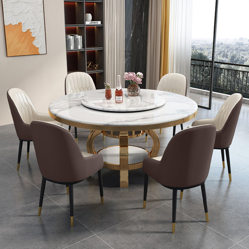 Front view of the chic white round marble dining table with turntable, showcasing its elegant design and smooth finish.