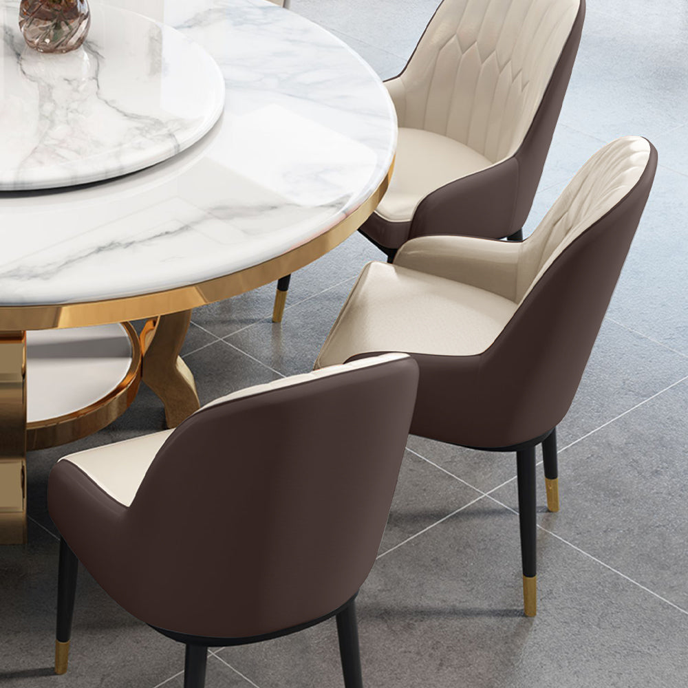Side view of the dining table with golden plate support, illustrating its sturdy construction and sleek aesthetic.