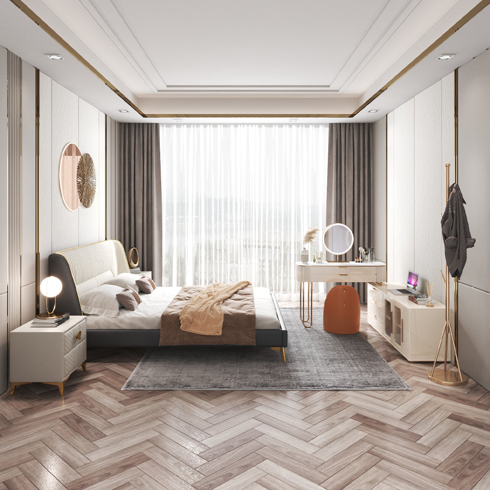 Elegant beige L-shaped makeup vanity set displayed in a cozy beauty room, highlighting its spacious drawers and mirror.