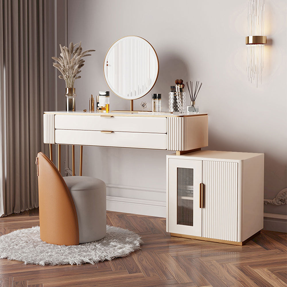 Chic modern white vanity set with LED mirror and leather stool, perfect for makeup application.