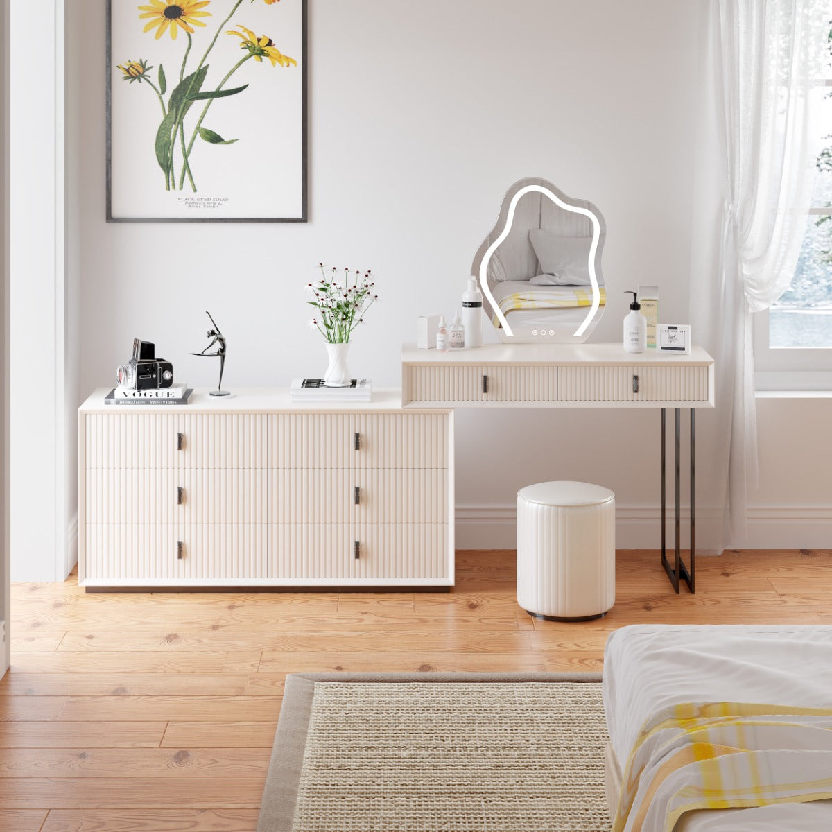 Elegant retractable makeup vanity table set showcasing its spacious drawers and mirror.
