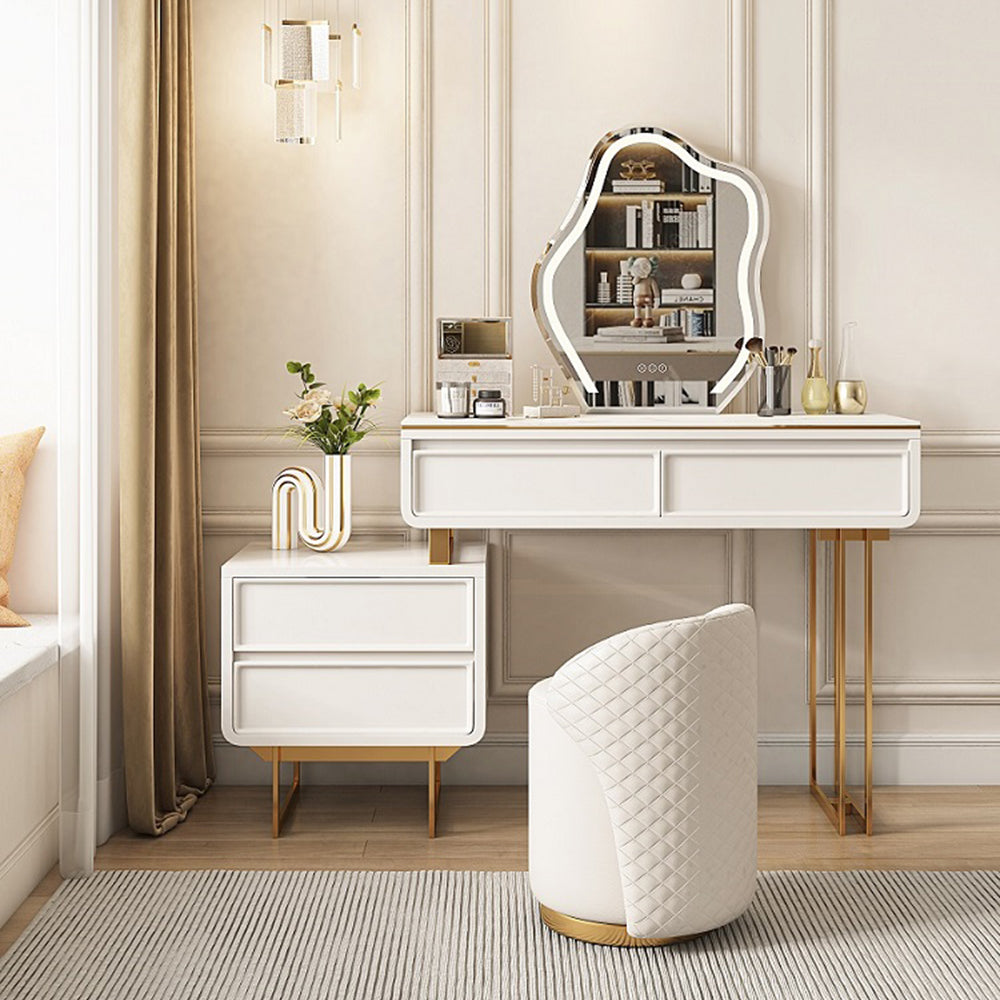 Elegant white makeup vanity set showcasing LED mirror and four drawers.