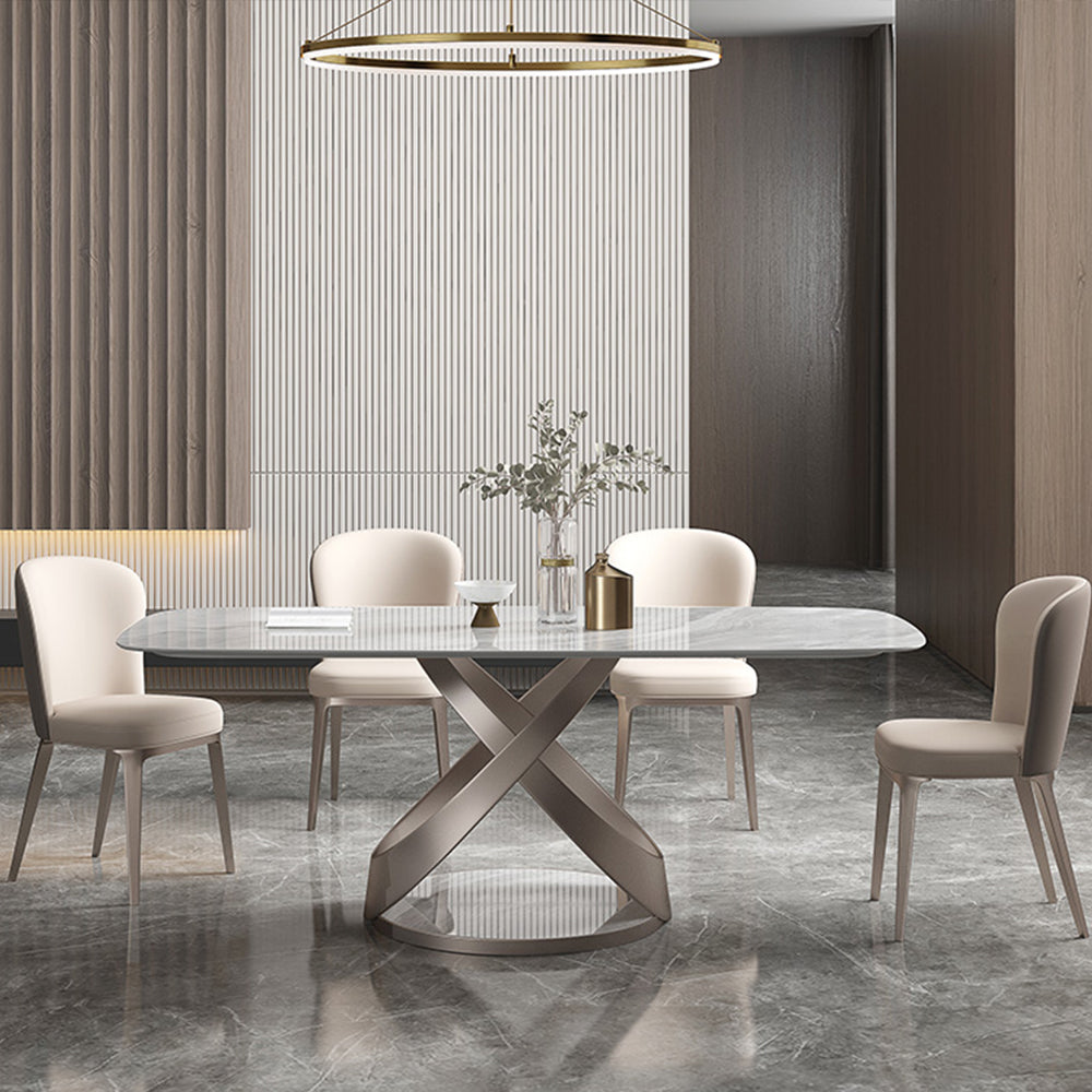 View of the modern gray marble dining table with X-shaped base, showcasing its elegant design.