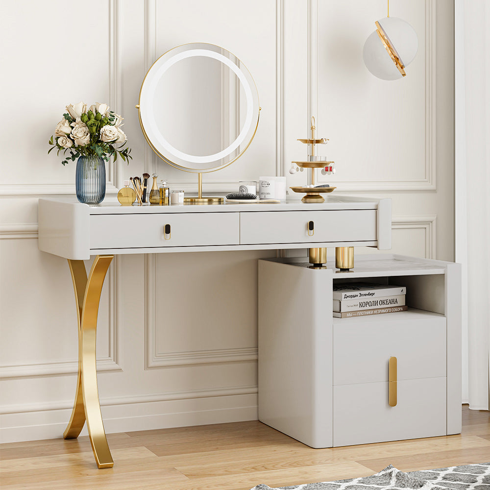 Chic Gray Pine Wood Makeup Vanity Set with LED mirror from a side angle.
