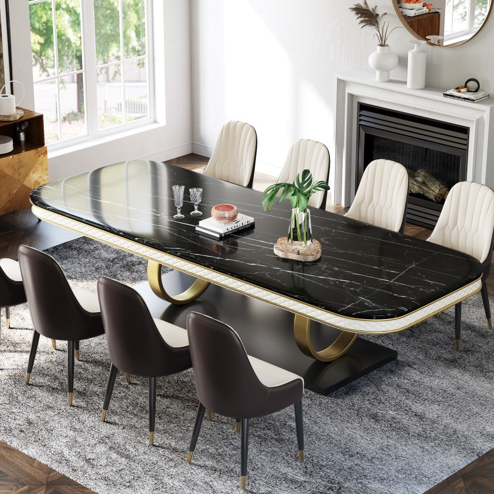 Luxury Black Marble Dining Table with Dual-Circle Gold Base - Image 3