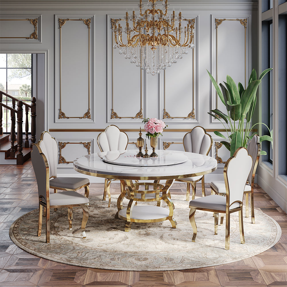 Front view of the chic white round marble dining table with turntable, showcasing its elegant design and smooth finish.