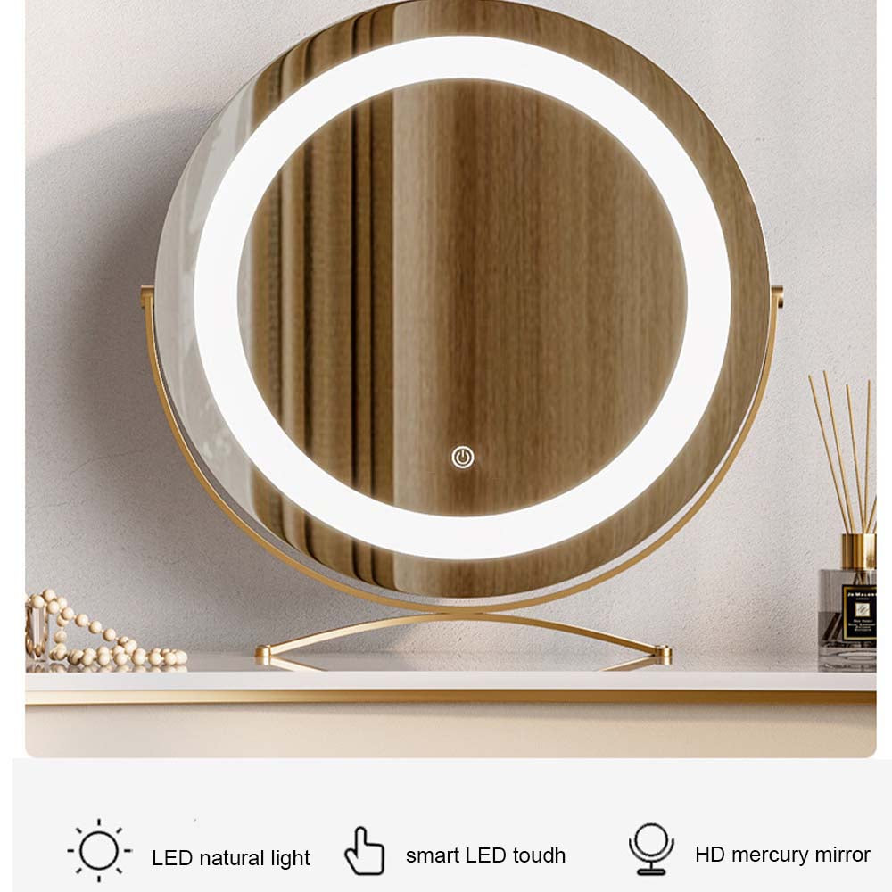 Elegant cream vanity table set with LED mirror showcased in a bright room