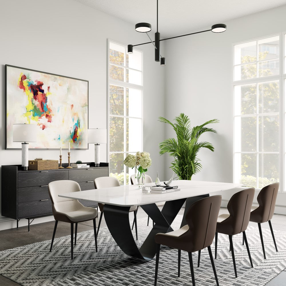 Close-up of the butterfly tables steel base and sintered stone surface, emphasizing its durability and style.