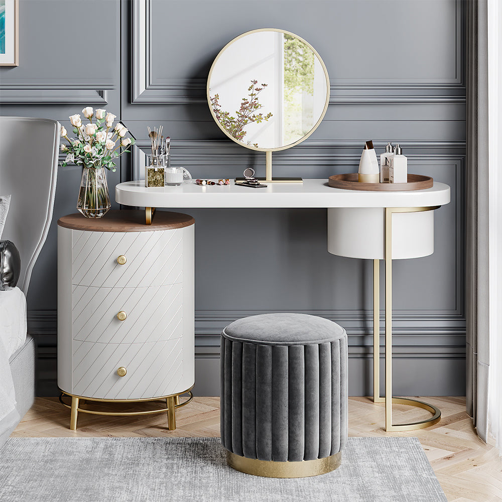 Side view of the chic wooden makeup vanity table showcasing the movable tray and drawers.