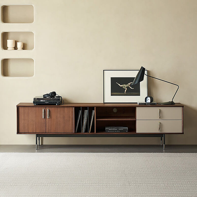 Front view of the modern walnut media console showcasing open storage and drawers.