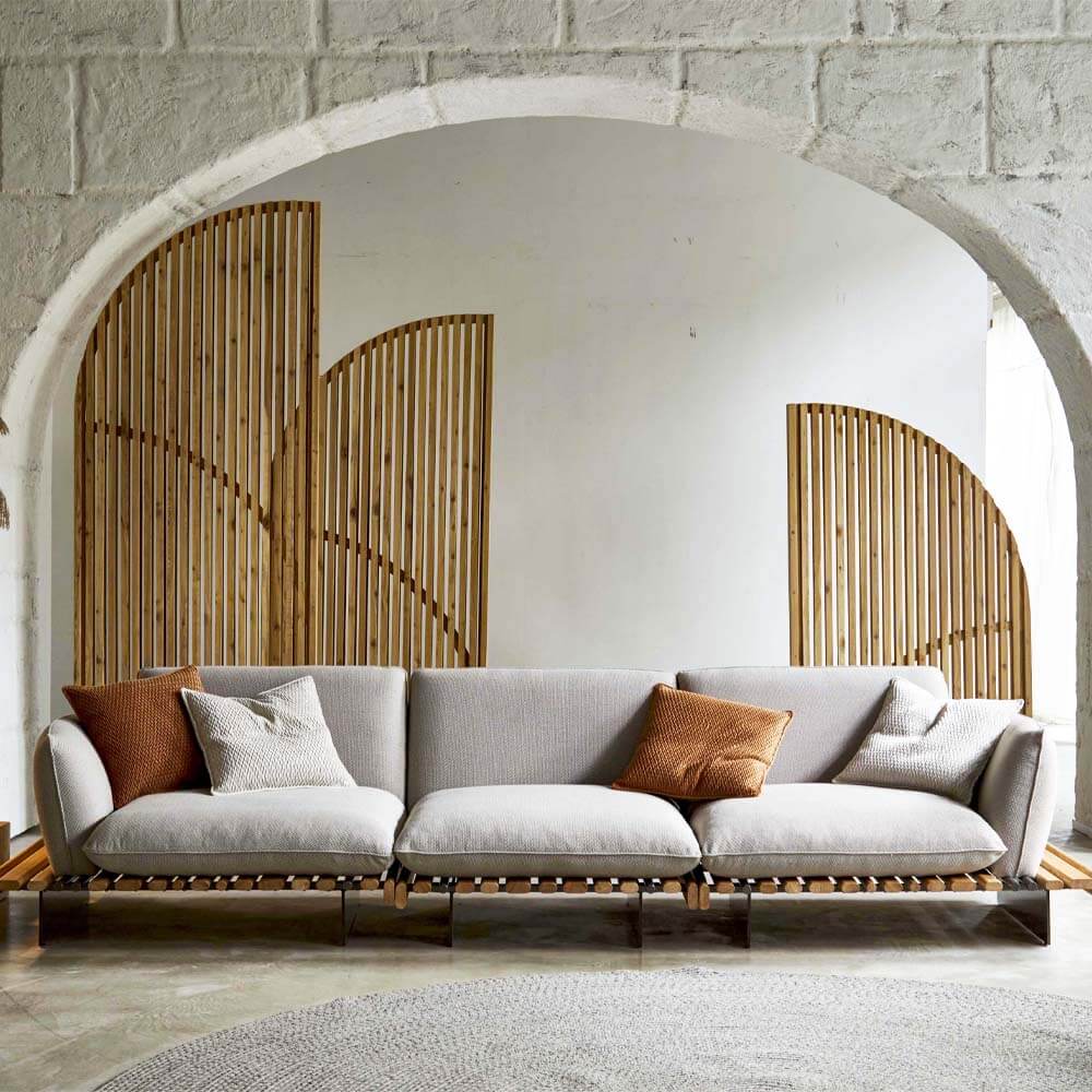 Front view of the Rustic Elegance Modular Linen Blend Sofa in a stylish living room.