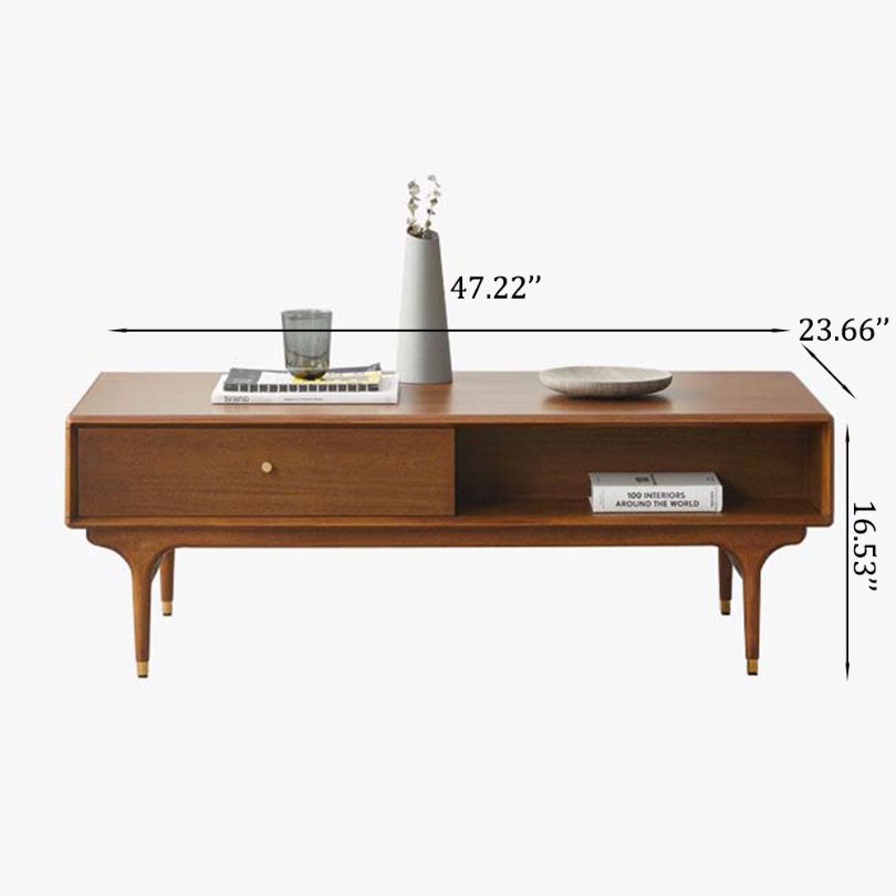 Side angle of the MDF coffee table illustrating its spacious drawers and clean lines.