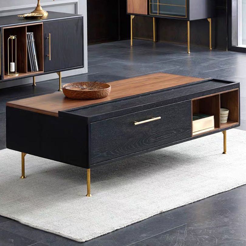 Elegant walnut coffee table showcasing its spacious drawer and open storage, perfect for a cozy living room setup.