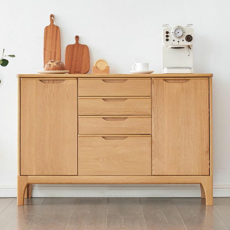 Front view of the Mid-Century Inspired Solid Wood Sideboard showcasing its natural finish and drawer pulls