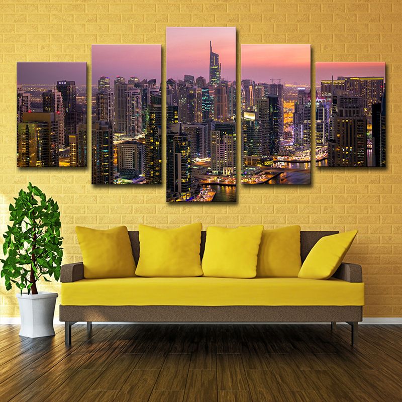 Vibrant Dubai skyline at night on canvas, perfect for modern decor.