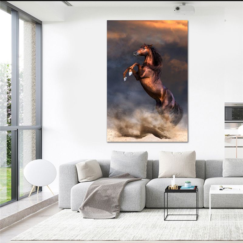 Modern horse canvas art displayed in a stylish living room setting.